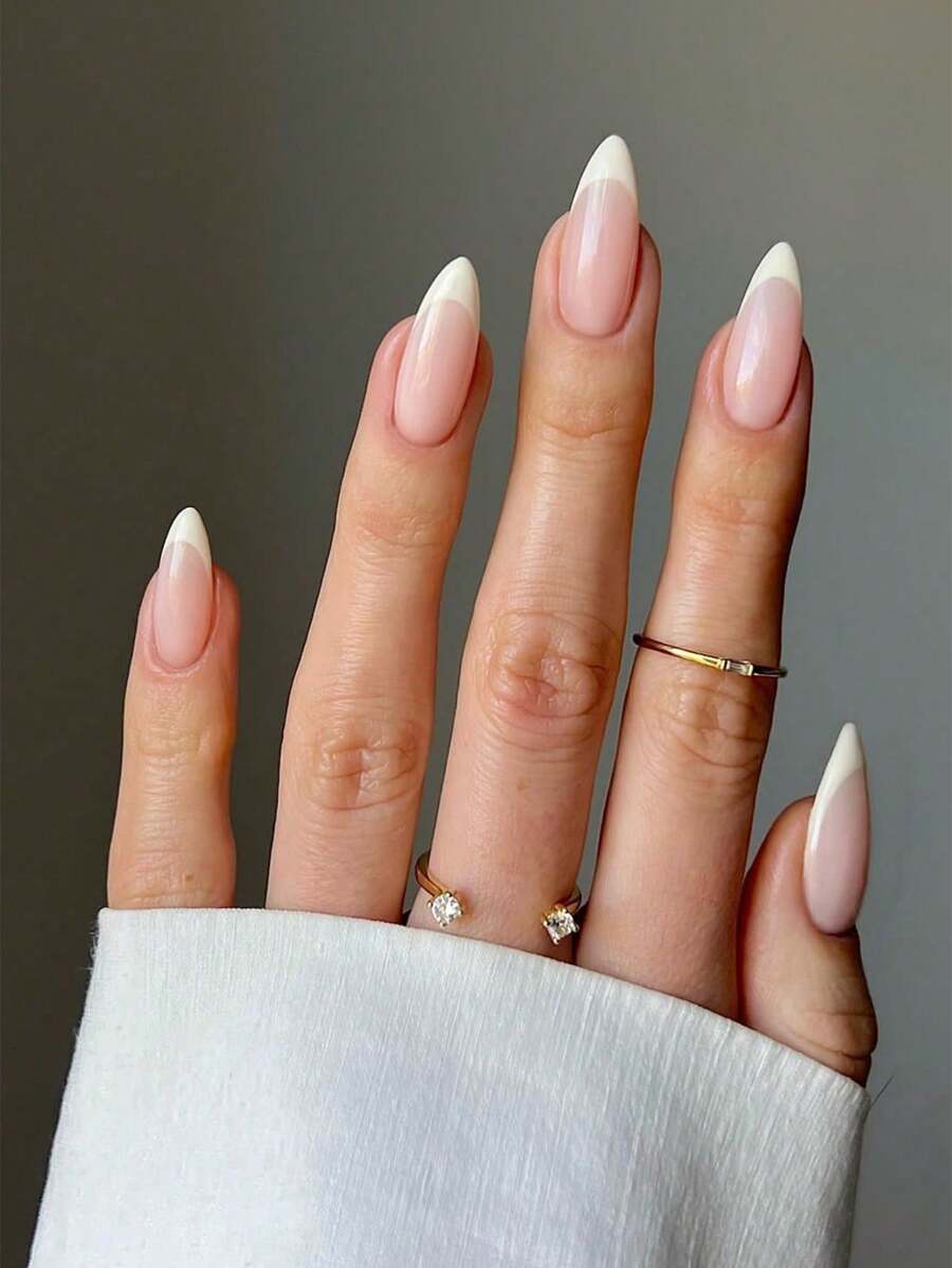24PCS French Almond Press On Nails Medium Stiletto Fake Nails With Designs Glossy Cute Glue On Nails For Women Nail Supplies