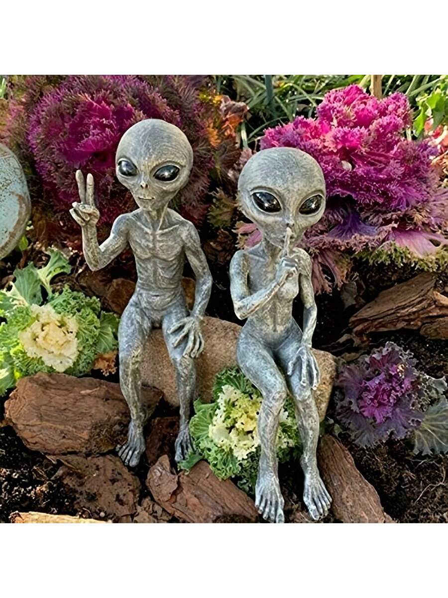 1 pezzo Ornamenti in resina di alieni, Statuine da giardino all'aperto di alieni Ufo da giardino di gnomo come decorazione, Decorazione per le vacanze all'aperto, Forniture per temi estivi, Decorazione per giardino domestico, Decorazione per cortile, Forniture per cortile