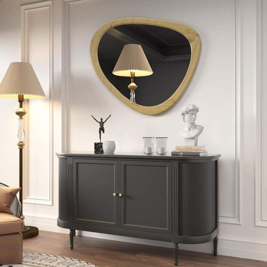 34" X 26"Asymmetrical Natural Wood Wall Frame Mirror,Irregular Mirror,Abstract Assymetrical Decorative Mirror,For Living Room Bedroom Bathroom Home Decor