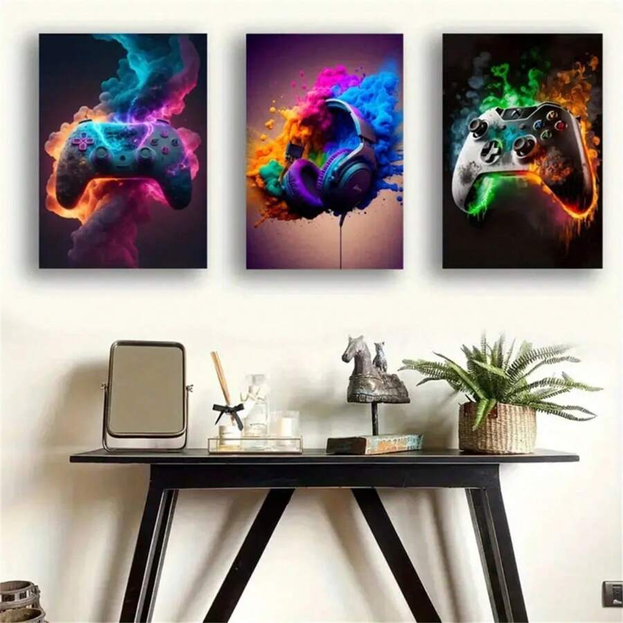 3Pcs Canvas Poster,Modern Art, Street Style Graffiti Color Red And Blue Earphones Pop And Color Electronic Game Controller Art, Ideal Gift For Bedroom Living Room Corridor, Wall Art,Wall Decor, Room Decoration No Frame Gifts Birthday Graduation