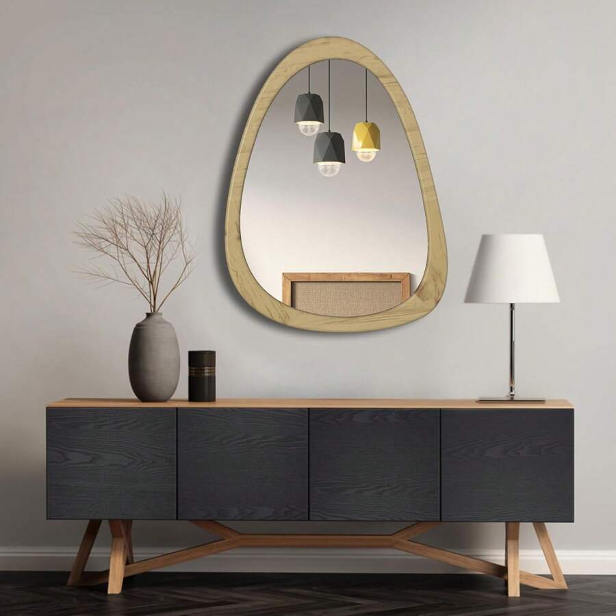 Asymmetrical Natural Wood Wall Frame Mirror,Irregular Mirror,Abstract Assymetrical Decorative Mirror,For Living Room Bedroom Bathroom Home Decor