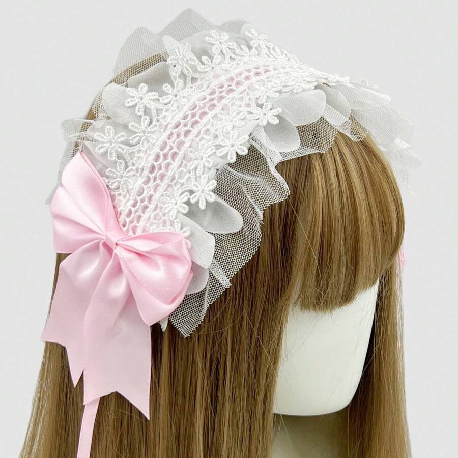 1 szt. Słodka różowa kokardka damska koronkowa słodka opaska Lolita do włosów do codziennego noszenia, na Halloween, cosplay i wyjścia