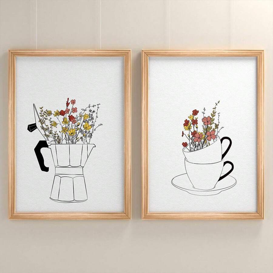 Conjunto de 2 carteles de impresión en lienzo estilo nórdico, arte de pared de lienzo con taza de café y flores, pintura artística para decorar la sala de estar, dormitorio, baño, oficina, pasillo, cocina, sin marcos, arte de pared moderno, carteles para habitación, elementos de decoración de habitación, decoración del hogar, decoración de habitación estética, decoración occidental