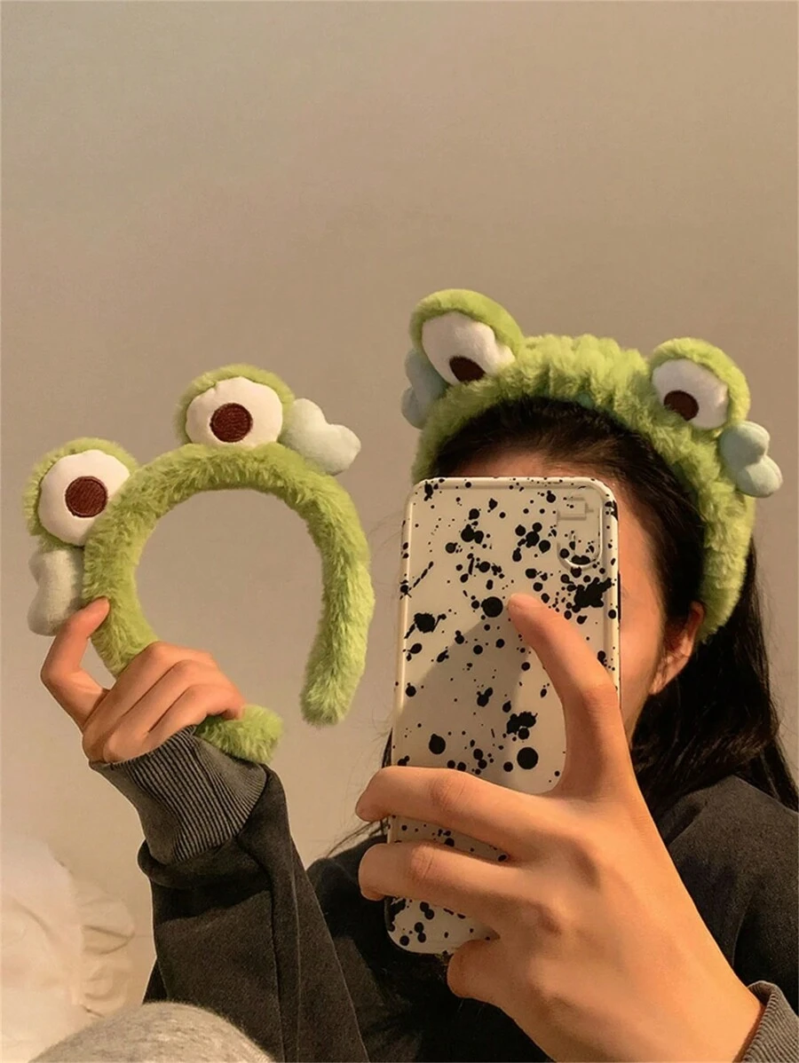 DIYPLUS 2pcs Cute Frog Design Fluffy Hairbands For Girls, Suitable For Daily Wear And Facial Cleansing (Can Be Purchased Separately)