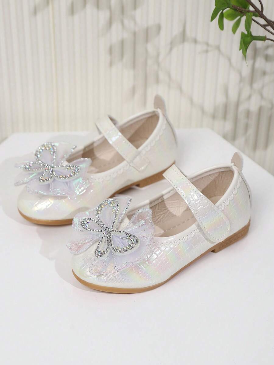 1 Paar flache Pu Mädchenschuhe mit zerbrochenen Diamant Gauze Schleifendekor und Haken- und Ösenverschluss Design, geeignet für Frühling, Sommer und Herbst