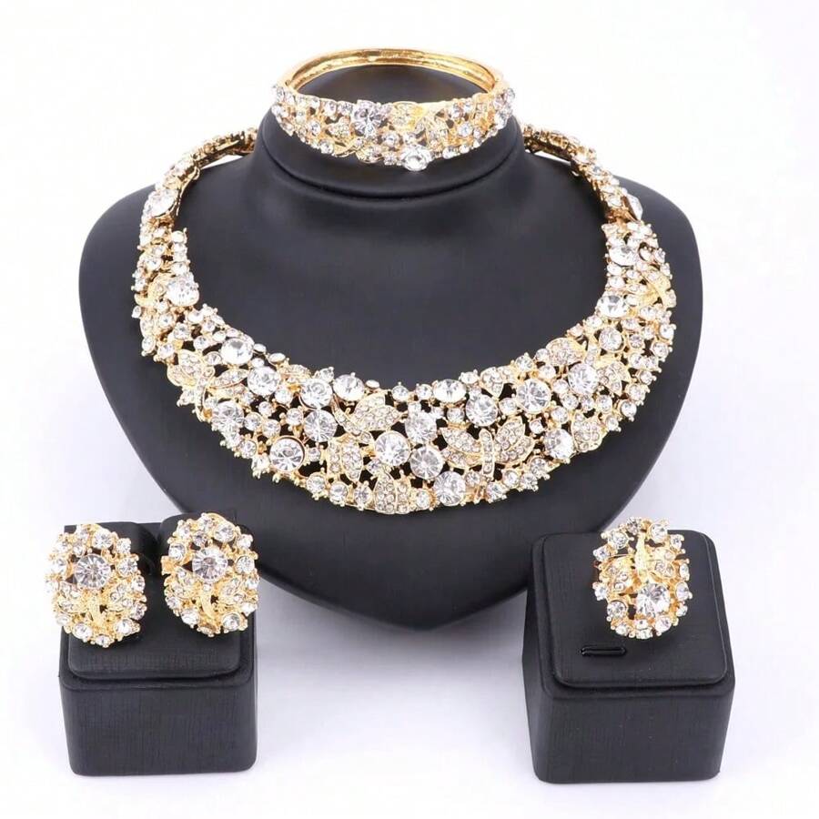 Bridal Water Drop Crystal Necklace, Earrings, Bracelet And Ring Set For Wedding & Evening Party Dress Accessory