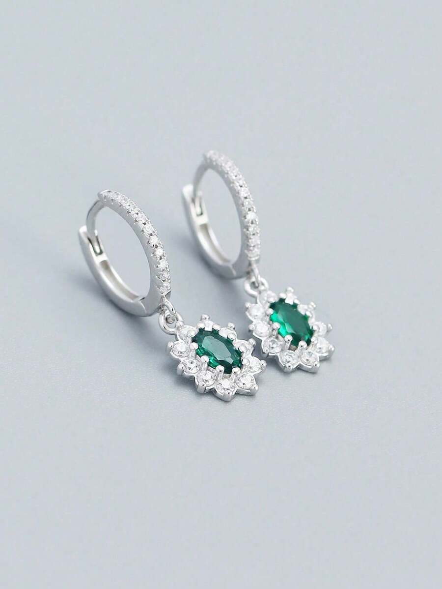 1pair Women's S925 Silver & Cubic Zirconia Luxury Earrings With Green Cubic Zirconia And Elegant Ear Studs Holiday