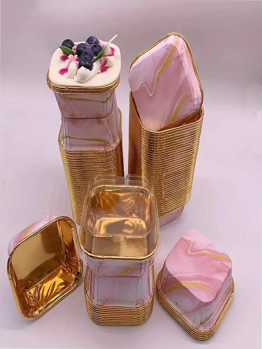50 Piezas/set Tazas De Pastel Con Patrón De Mármol Y Tapa, Moldes Para Hornear Resistentes A Altas Temperaturas Y Resistentes A La Grasa, Adecuados Para La Cocina Y Suministros Para Fiestas