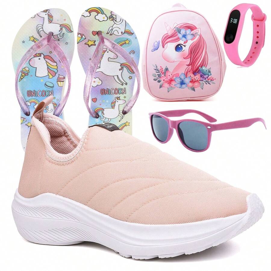 Tenis Infantil Feminino Escolar Casual Para Meninas Calce Facil + Mochila Chinelo Óculos e Relógio
