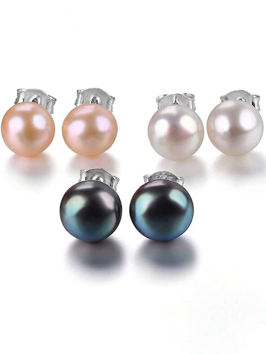 3 paires Boucles d'oreilles perles d'eau douce naturelles 7-8 mm en blanc, rose et noir, cadeau pour les amis