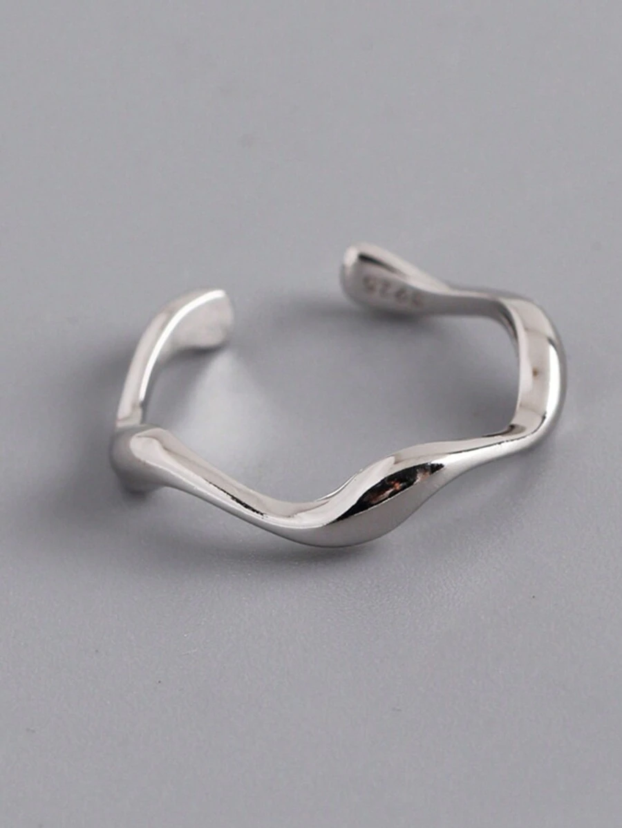 HuooNew 1pc Personality 925 Sterling Silver Asymmetrical Wave Shaped Polished Open Ring For Gift