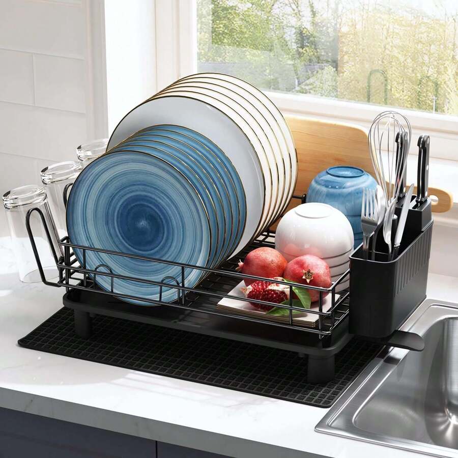 Escurreplatos Vajilla, escurreplatos, escurreplatos de acero inoxidable con caño de drenaje giratorio, soporte para utensilios y tapete de secado, escurreplatos para fregadero de cocina, negro