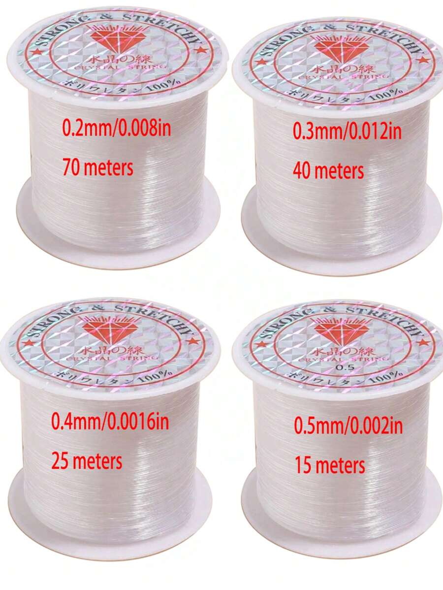 4 Rolls Firm Non-Stretch White Transparent Crystal Cord For Beading, 0.2mm 0.3mm 0.4mm And 0.5mm