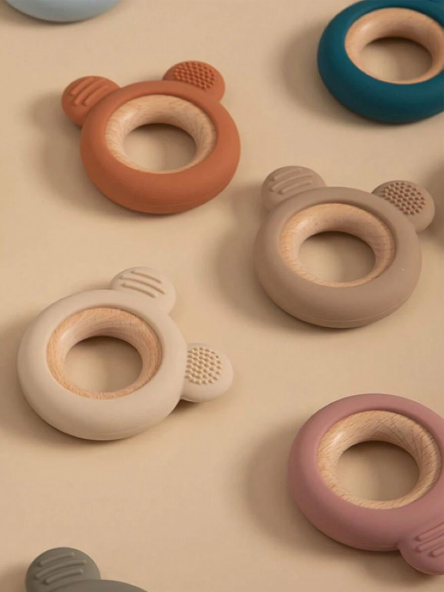 1PC Baby Silicone Wooden Teether Ring Cute Bear Infant Nursing Teething Toys Newborn Health Care Chewing Toy Baby Accessories