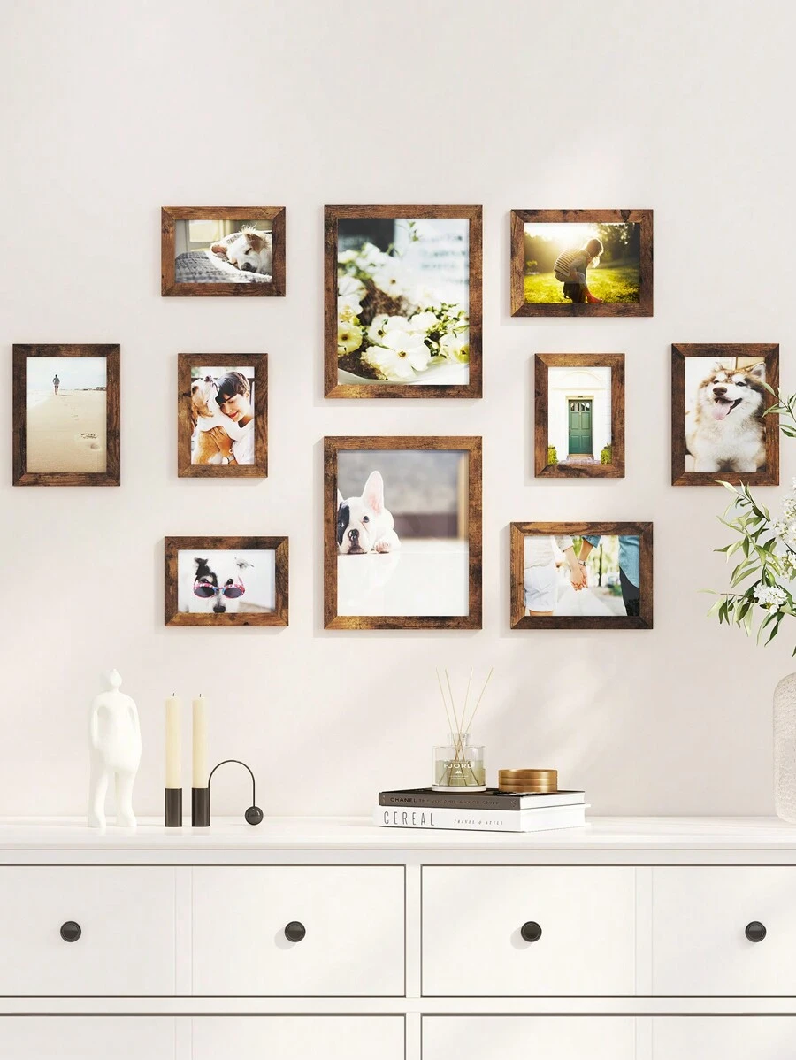 SONGMICS Set di 10 Cornici per Foto, Due 20 x 25 cm (8 x 10 Pollici), Quattro 13 x 18 cm (5 x 7 Pollici), Quattro 10 x 15 cm (4 x 6 Pollici), PS e MDF, Marrone Vintage