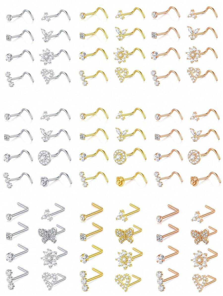 CIZME 8 piezas/set Pendientes de nariz de plata y oro para mujeres de 18G 20G, pendientes de nariz en forma de sacacorchos en L, pendientes de nariz de acero inoxidable, joyas de piercing de nariz de acero inoxidable para fosa nasal