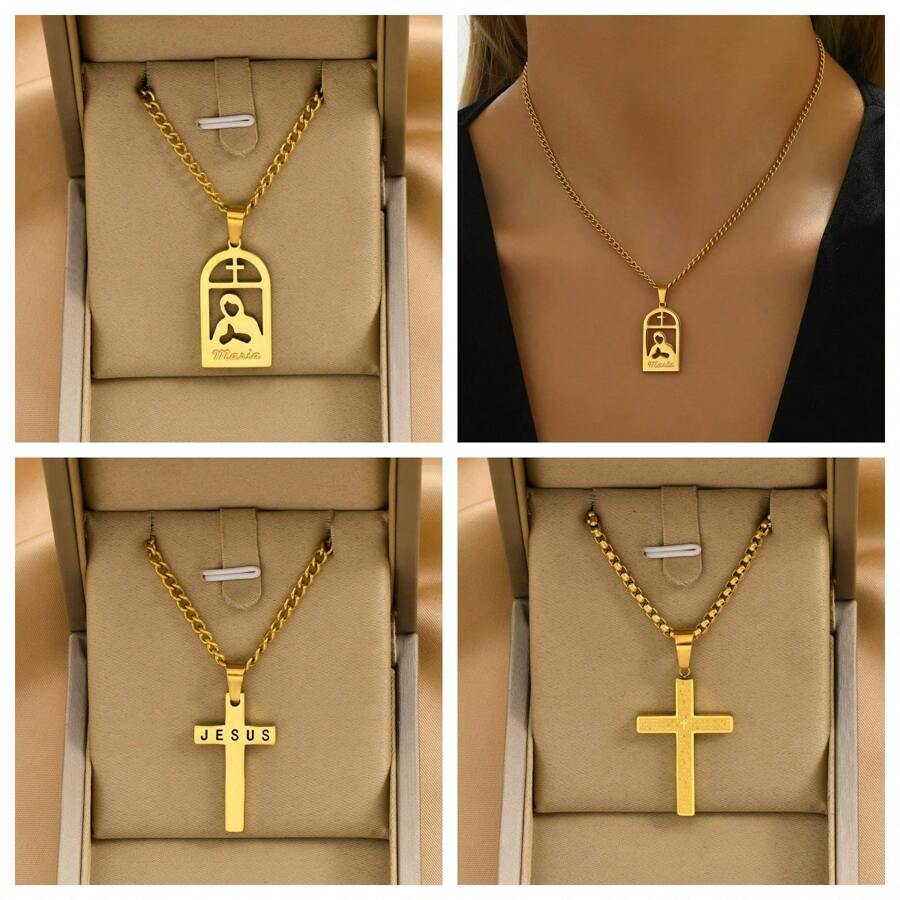 1 Peça Colar Pingente Cruzado Com Formato Geométrico De Maria Em Aço Inoxidável Banhado A Ouro, Fashion, Simples, Versátil, Adequado Para Homens, Mulheres, Casais, Estilo De Rua, Uso Diário, Festivais, Festas