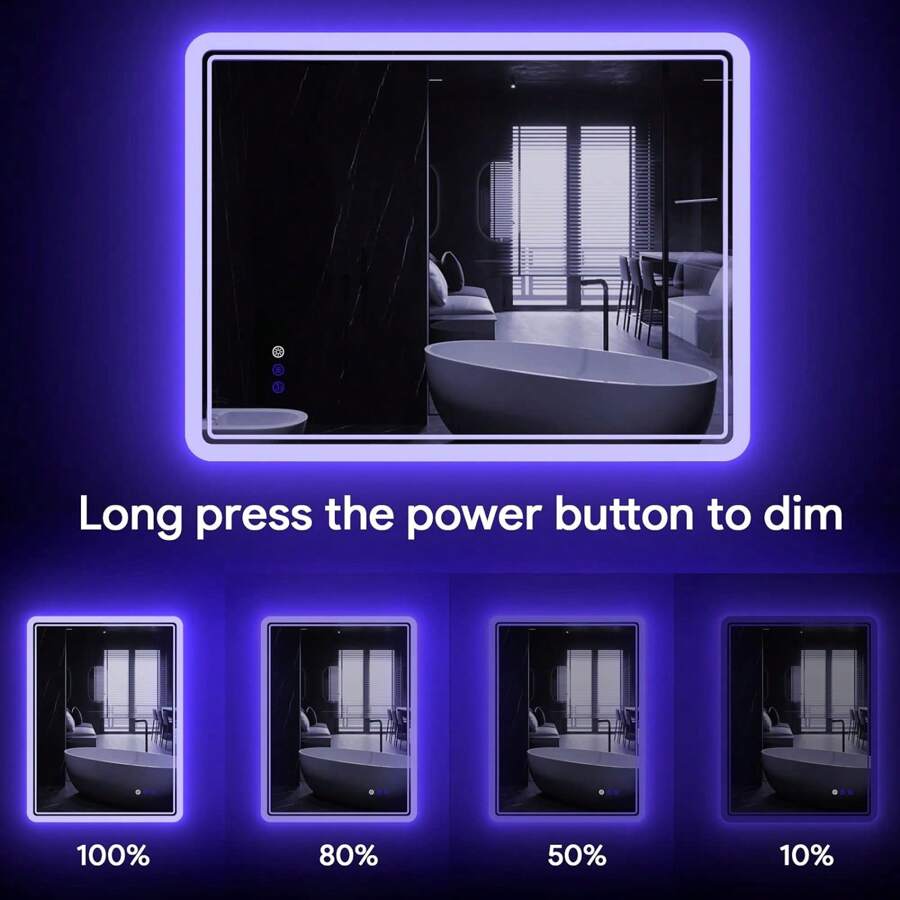 LED Backlit Blue Atmosphere, Lighted Bathroom Mirror, Anti-Fog Dimmable Adjustable Light Mirror ,24" X 36" LED Bathroom Backlit Mirror, Bathroom Mirror With Lights, LED Mirror For Bathroom