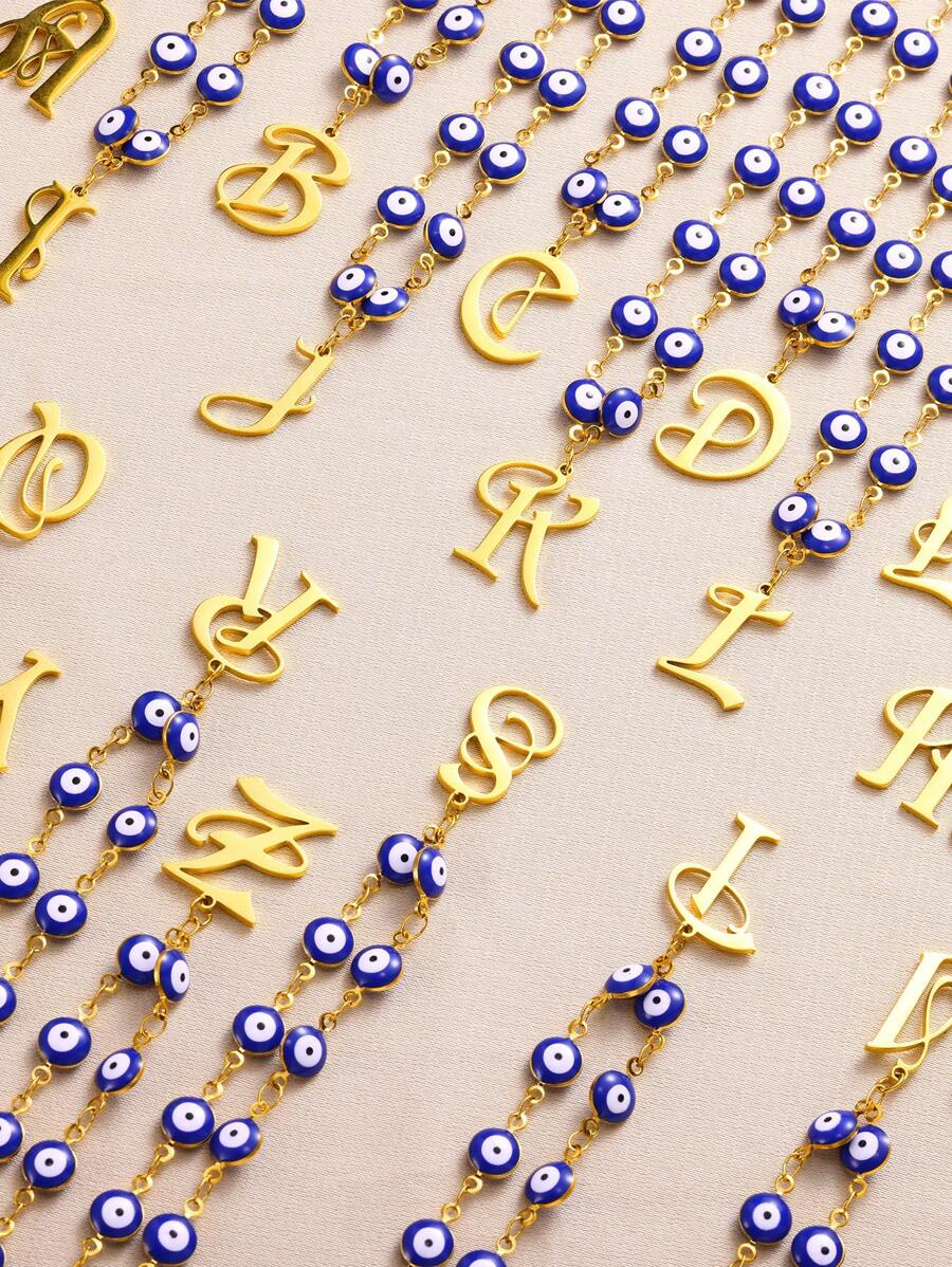1pc Gold Stainless Steel Blue Evil Eye Initial A-Z Pendant Necklace Suitable For Women, Festival Gift