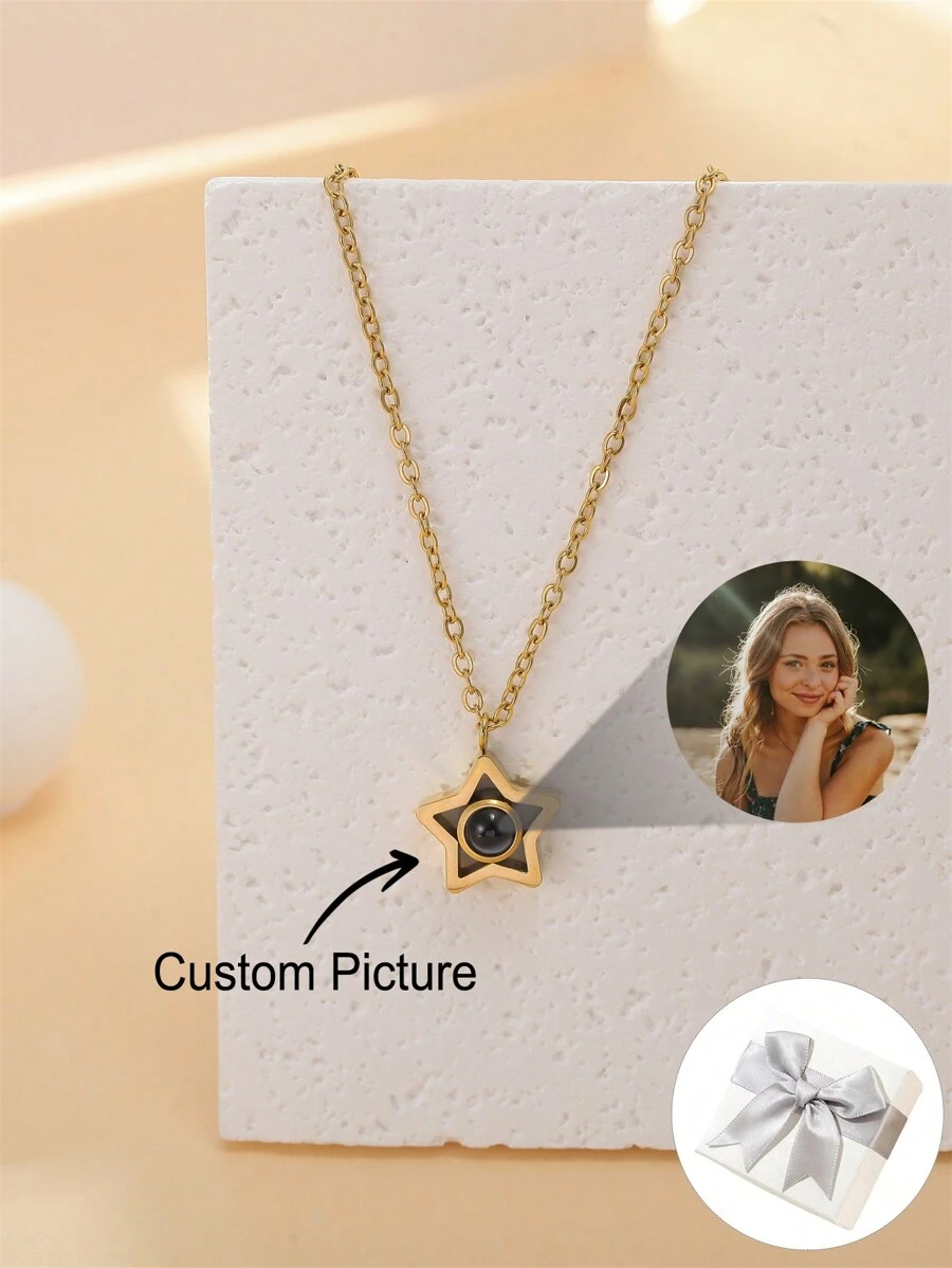 1 pieza Collar de colgante con proyección de foto personalizada en forma de estrella, regalo de con proyección de foto personalizado para niños, aniversario, Navidad, Día de la Madre, San Valentín