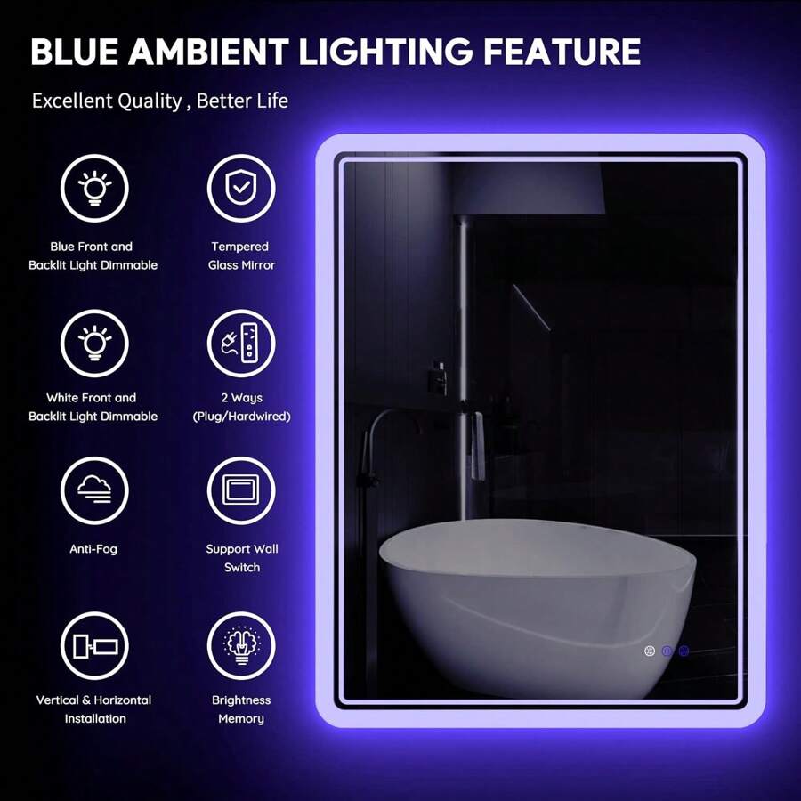 LED Backlit Blue Atmosphere, Lighted Bathroom Mirror, Anti-Fog Dimmable Adjustable Light Mirror ,36"X 28" LED Bathroom Backlit Mirror, Bathroom Mirror With Lights, LED Mirror For Bathroom