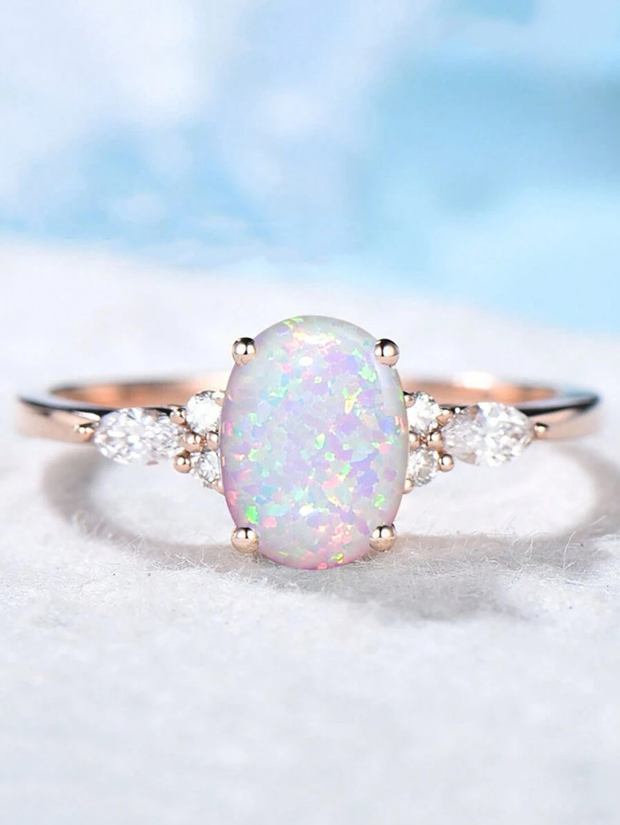 1pc Fashionable Promise Ring With Oval Opal Reflecting Multicolor Lighting And Sparkling Rhinestone, For Engagement/Wedding Women's Ring