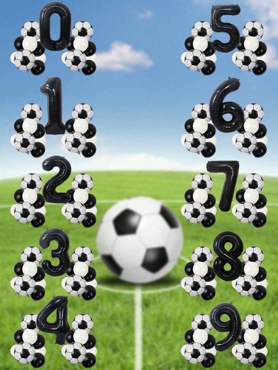 17pcs-32in Black Aluminum Foil Number Balloons/18in Black & White Football Aluminum Foil Ball/10in Black & White Latex Balloons With Set For First Birthday Party Decoration, Football Theme Anniversary Celebration Scene Atmosphere Props,Christmas