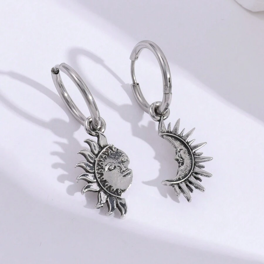 2 Piezas Pendientes Asimétricos Colgantes Para Hombre De Aleación De Sol Y Luna