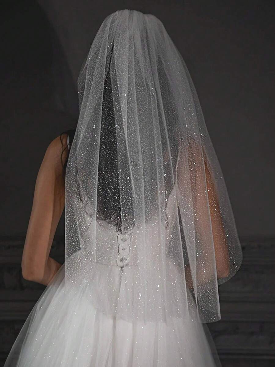 1 Pc Women 1 Tier Elbow Length Glitter Tulle Short Wedding Bridal Veil With Metal Comb For Wedding Party White Halloween