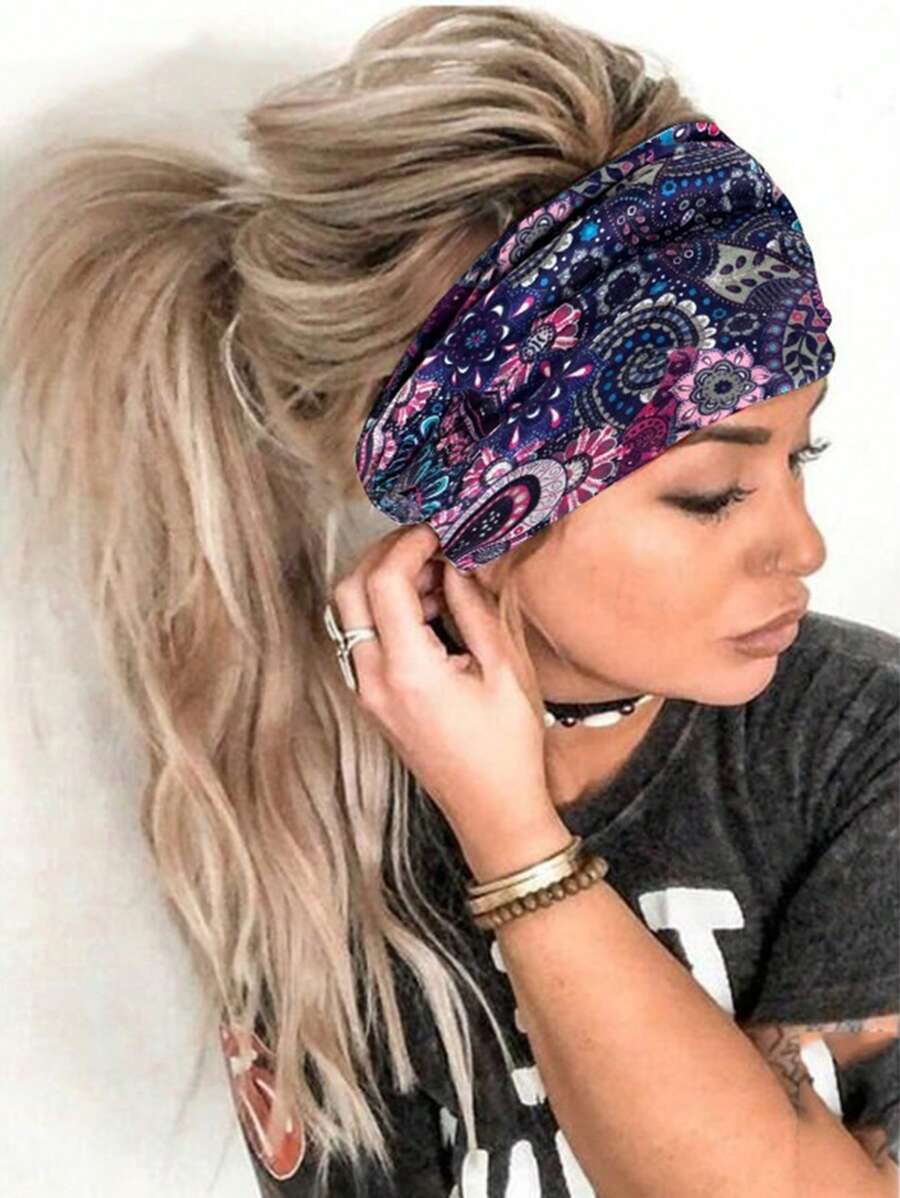 1 buc. Bandă de păr sport la modă, tip boemă, cu imprimeu larg, pentru yoga, pentru femei, banda de păr tip turban care absoarbe transpirația, bandă de păr