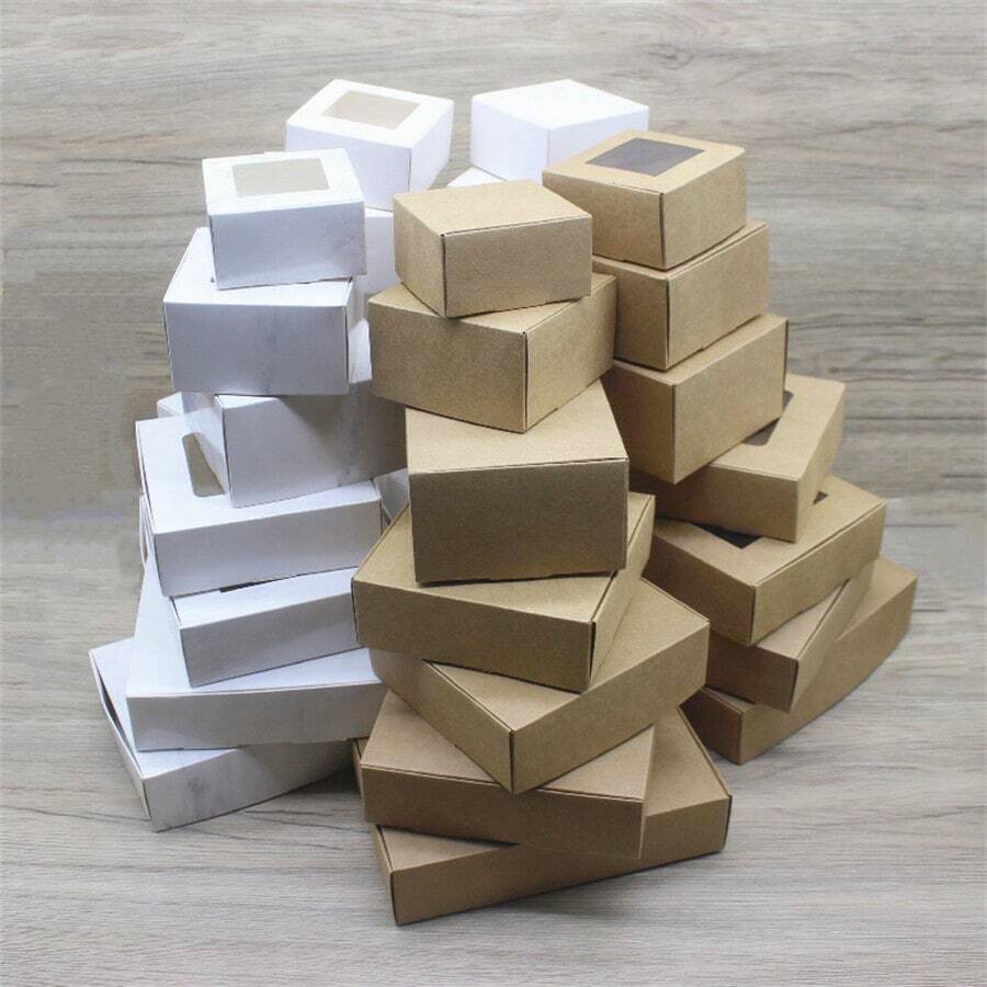 Multi-Size Square Paper Box In White/Kraft Color With Pvc Window Cover, Ideal For Gift Wrapping And Candy Packaging