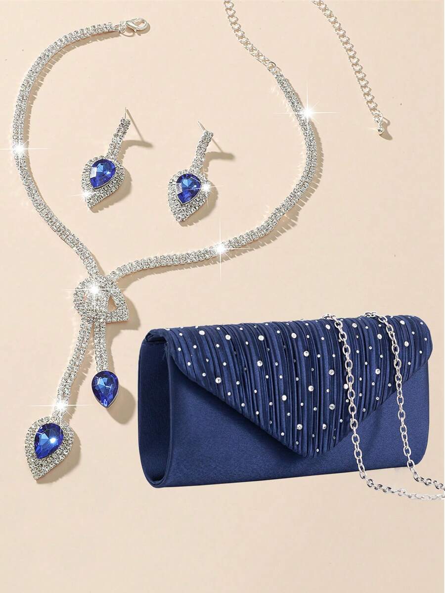 Bolsa de Mão/Ombro Elegante com Decoração de Strass para Festa, com Alça de Corrente + Conjunto de Brincos e Colar com Pingente de Coração de Strass, Presente Perfeito para o Dia dos Namorados para Ela, Melhor Opção de Presente de Dia dos Namorados
