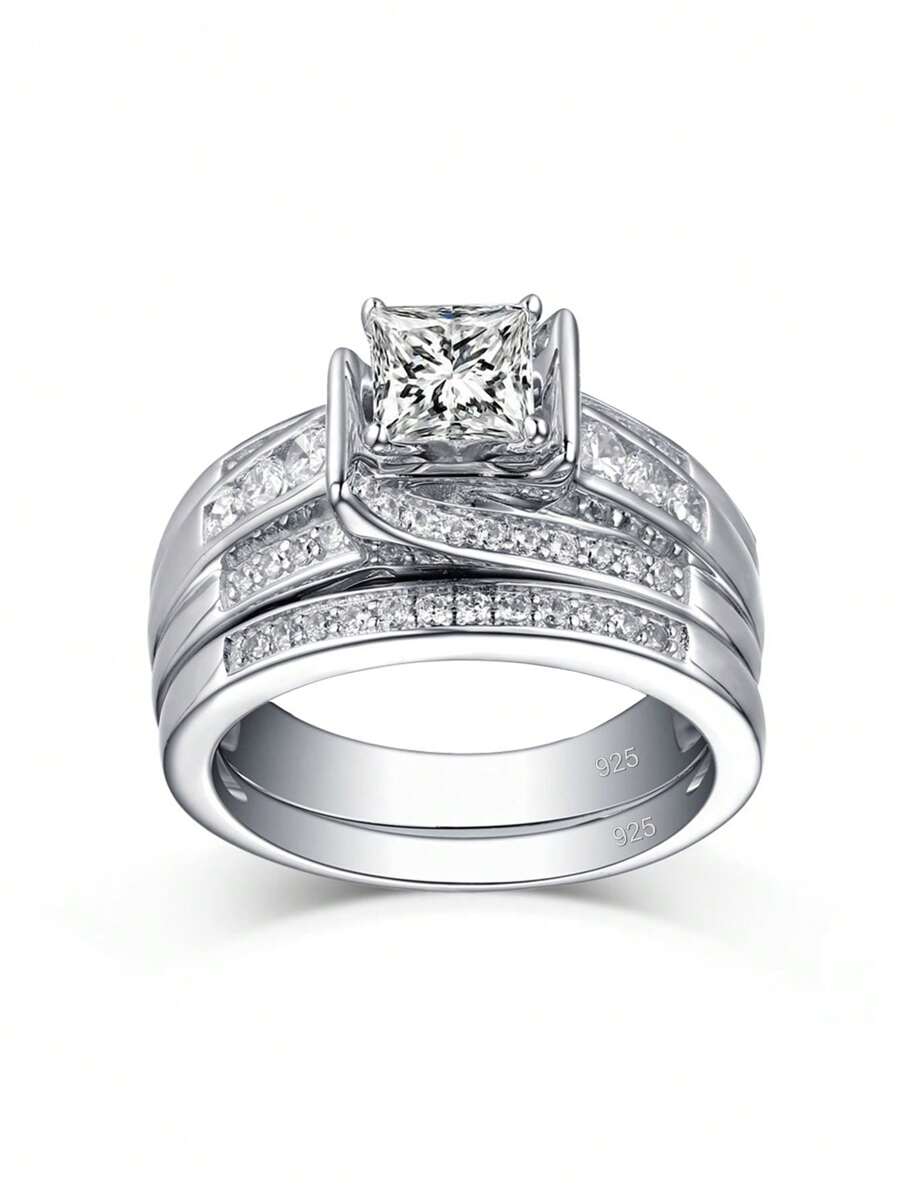 2pcs/Set Fashionable Elegant Luxury Wedding Rings Made Of 925 Sterling Silver & Cubic Zirconia With Gold-Color Plating, Ideal For Women On Engagement, Wedding, Anniversary And Festive Occasions Bridal Jewelry
