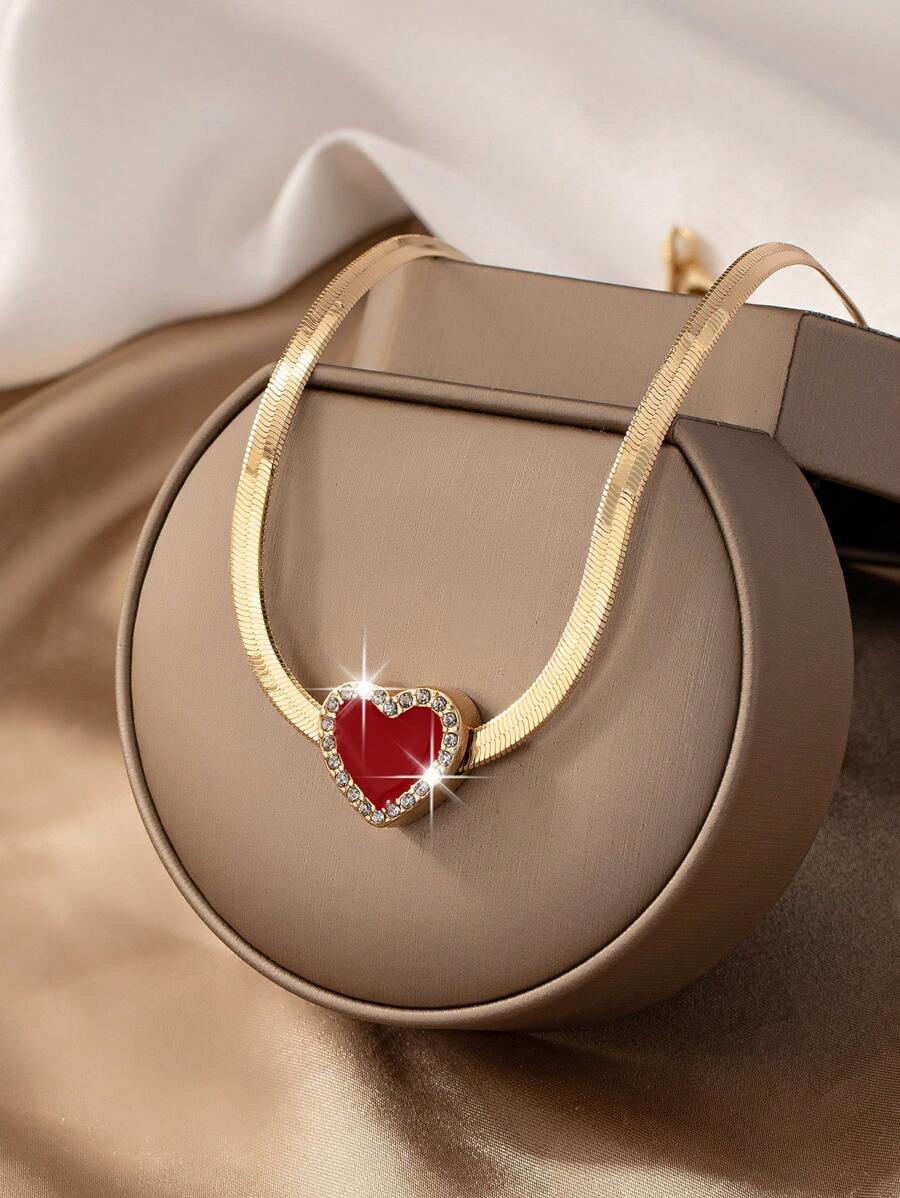 A Snakeskin Chain, Heart Set With Rhinestones, Oil Drop Pendant, European And American Fashion, Elegant, French Festival Necklace Valentines,Mom,Mother,Mother's Day,Gift