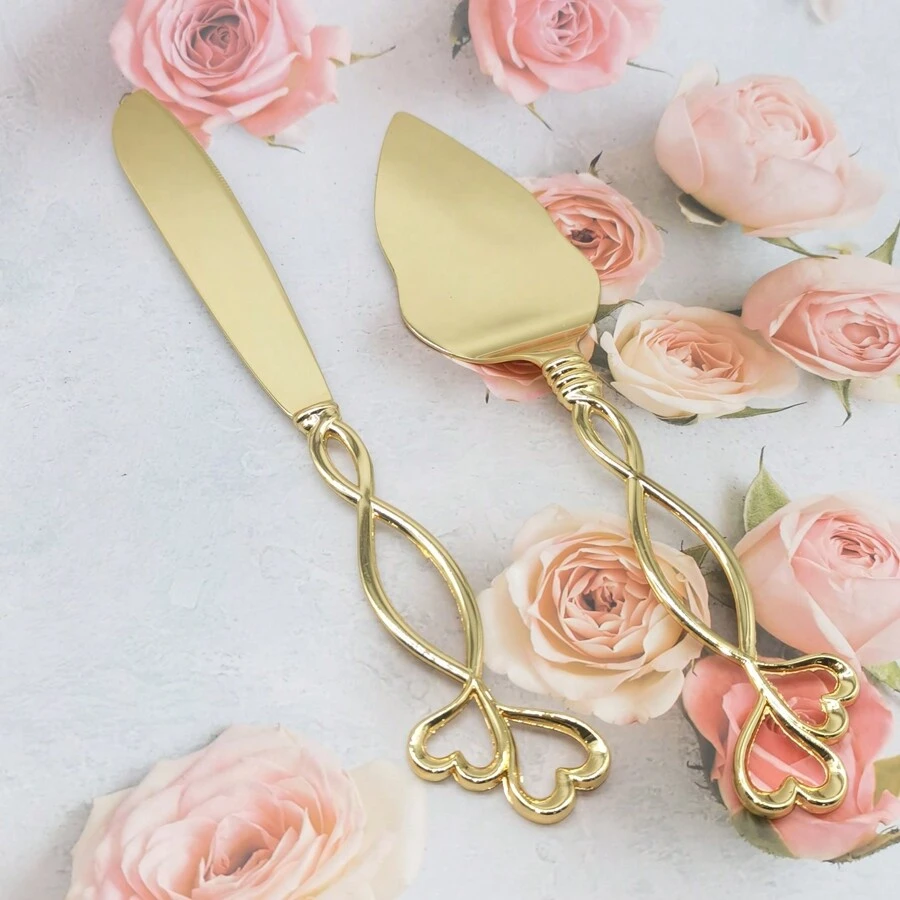 WINON 2pcs/Set Golden Alloy Double Heart European Style Cake & Pizza Cutter And Shovel Set, With Exquisite Handle, Suitable For Wedding, Party, Birthday Dinner, Baking
