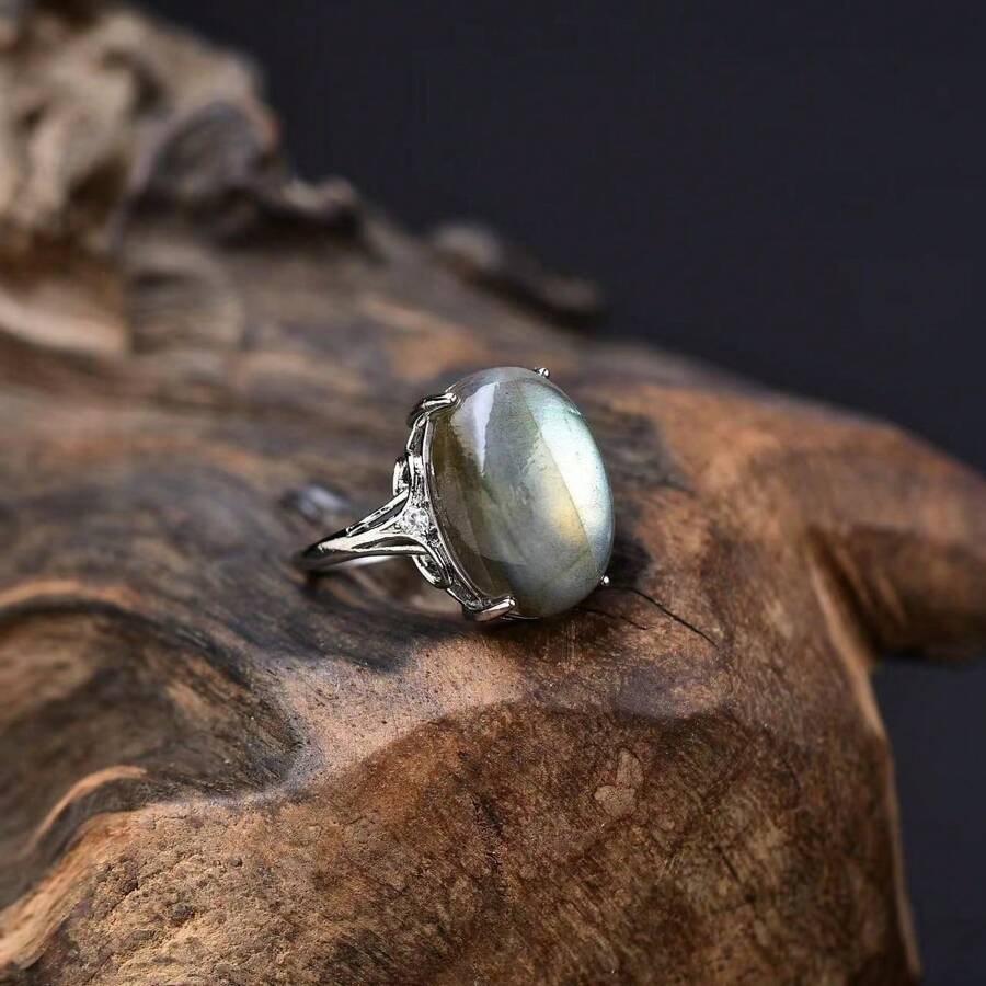 1pc Natural Crystal Energy Stone Beaded Ring With Magnesite, Peacock Stone, Pyrite, Serpentine Adjustable For Men And Women's Daily Wear
