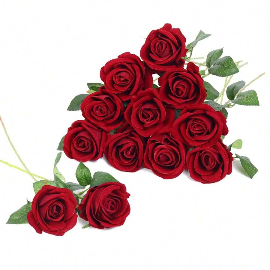 3 Stücke/12 Stücke rote Rosen Künstliche Seidenblumen, Valentinstag Auswahl Künstliche Rosen mit langen Stielen, realistische Kunstblumen Sträuße für Hochzeitsdekoration, Brautparty Tischdekoration, Blumenarrangements, Party und Heim Tischdekoration