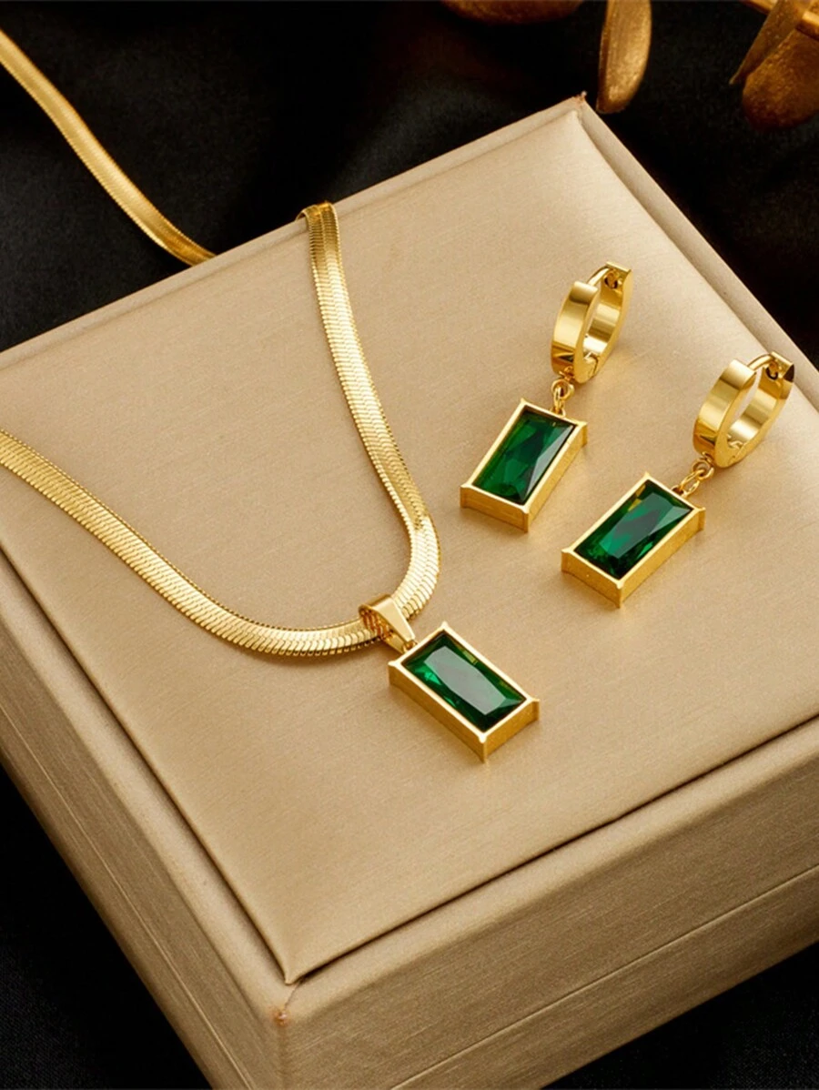Conjunto de collar y aretes de acero inoxidable cuadrados con cristal verde y circonita cúbica, un conjunto de joyas de moda, adecuado para uso diario