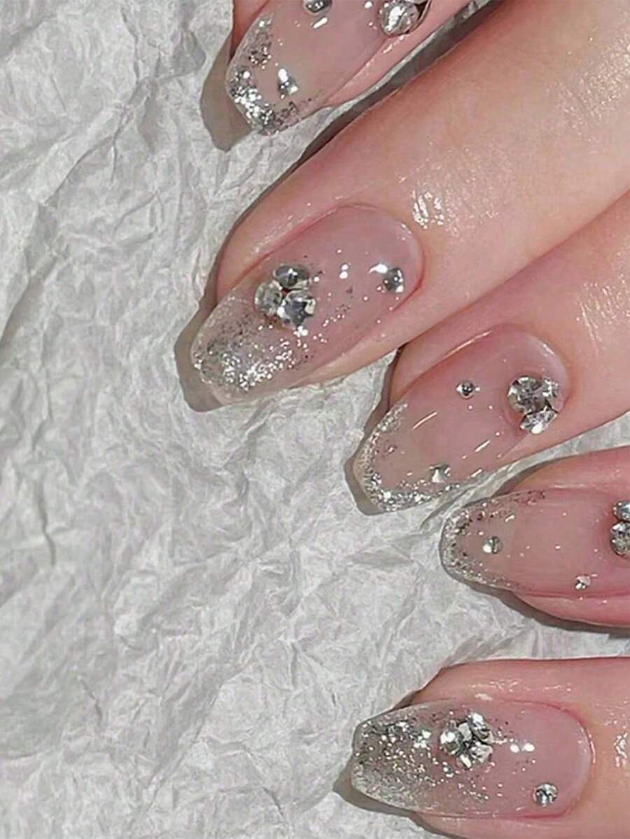 24 Pezzi Di Unghie Finte Lunghe Monocolore Colorate E Scintillanti Con Strass Adesive Per Feste, Ballo, Uso Quotidiano E Decorazione Delle Unghie