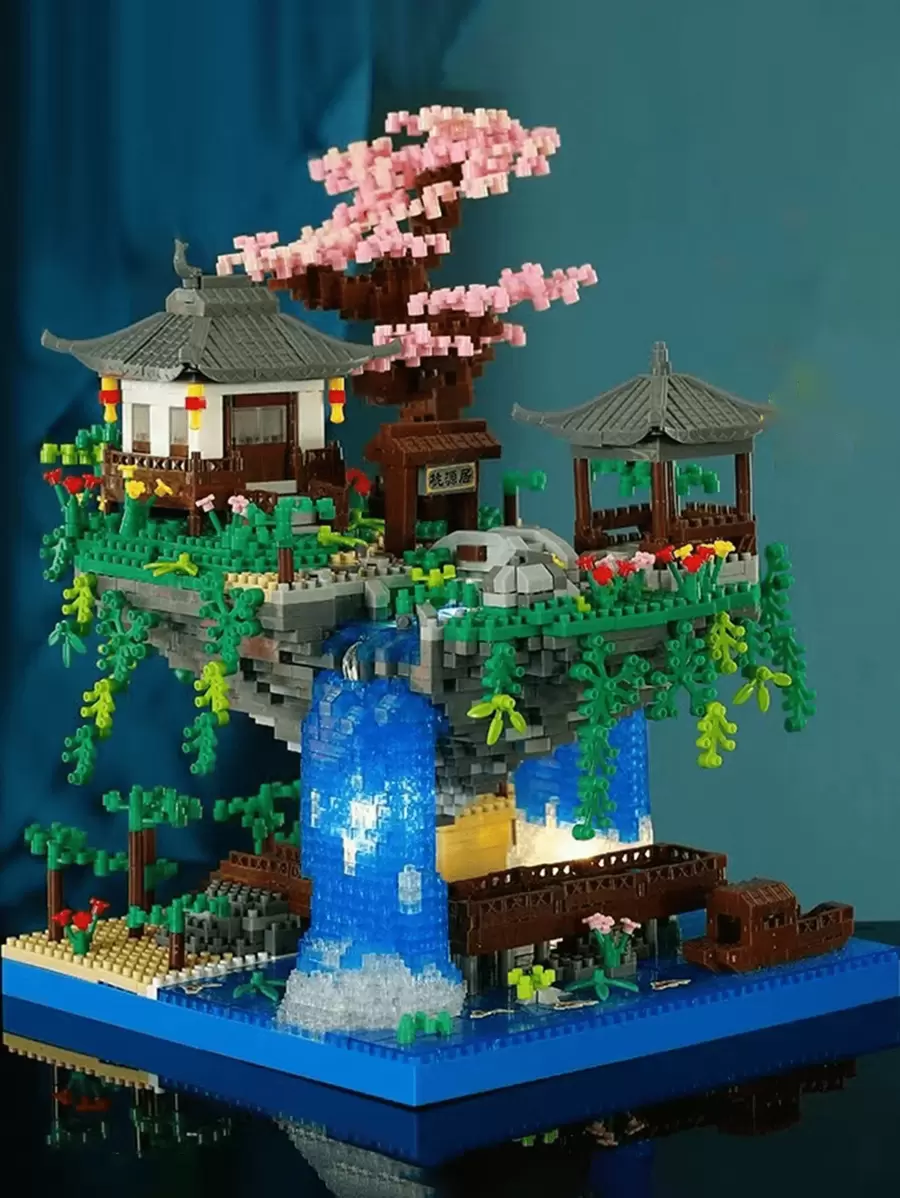 Weihnachtsdekoration Pfirsichblüten-Teich Micro Mini Bauklötzchen Set Chinesische berühmte Fabel Architekturmodell Wunderland Pfirsichblüten-Teich Bauklötzchen Spielzeug Selbstbau Dreidimensionales Puzzle zum Entspannen Heim Dekoration Ornament Geburtstagsgeschenk Einzelstück Raumdekoration