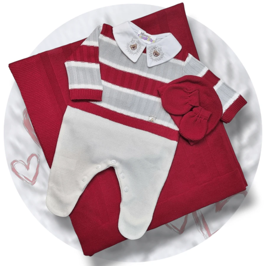 Saída Maternidade Tricô listra vermelho Kit4