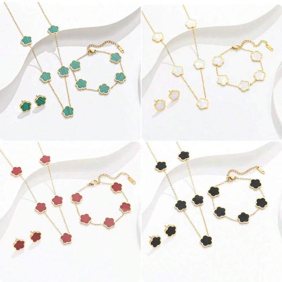 4pcs Fashionable Stainless Steel Double-Sided Mother-Of-Faux Pearl Five-Leaf Clover Single Flower Necklace Women's Bracelet Earrings 18k Gold Simple Pendant High-End Clavicle Chain Set Valentines,Mom,Mother,Mother's Day,Gift