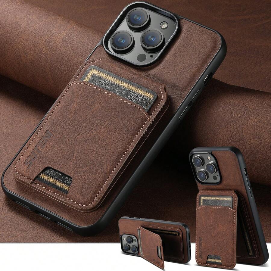 Suteni PU Leather Stand Phone Case Card Holder Wallet Phone Case Compatible With IPhone 16 Pro Max 15 Plus 14 13 12 11 For Galaxy S25 S24 Ultra S23 S22 For Pixel 9 Pro XL 8A 7 /Black/Brown/Blue/Purple/Pink