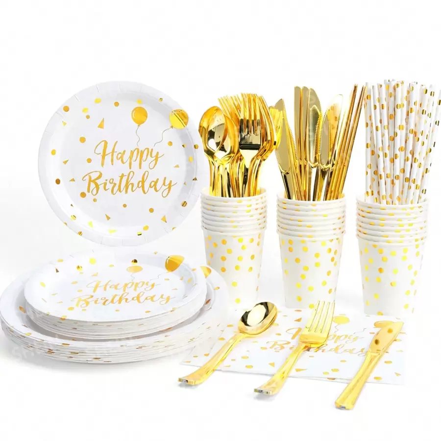 84 pièces Set de fournitures pour fête d'anniversaire dorée, assiettes jetables en feuille d'or, assiettes en papier blanc et doré de 7/9 pouces, gobelets, serviettes avec feuille d'or, parfait pour la décoration de fête d'anniversaire