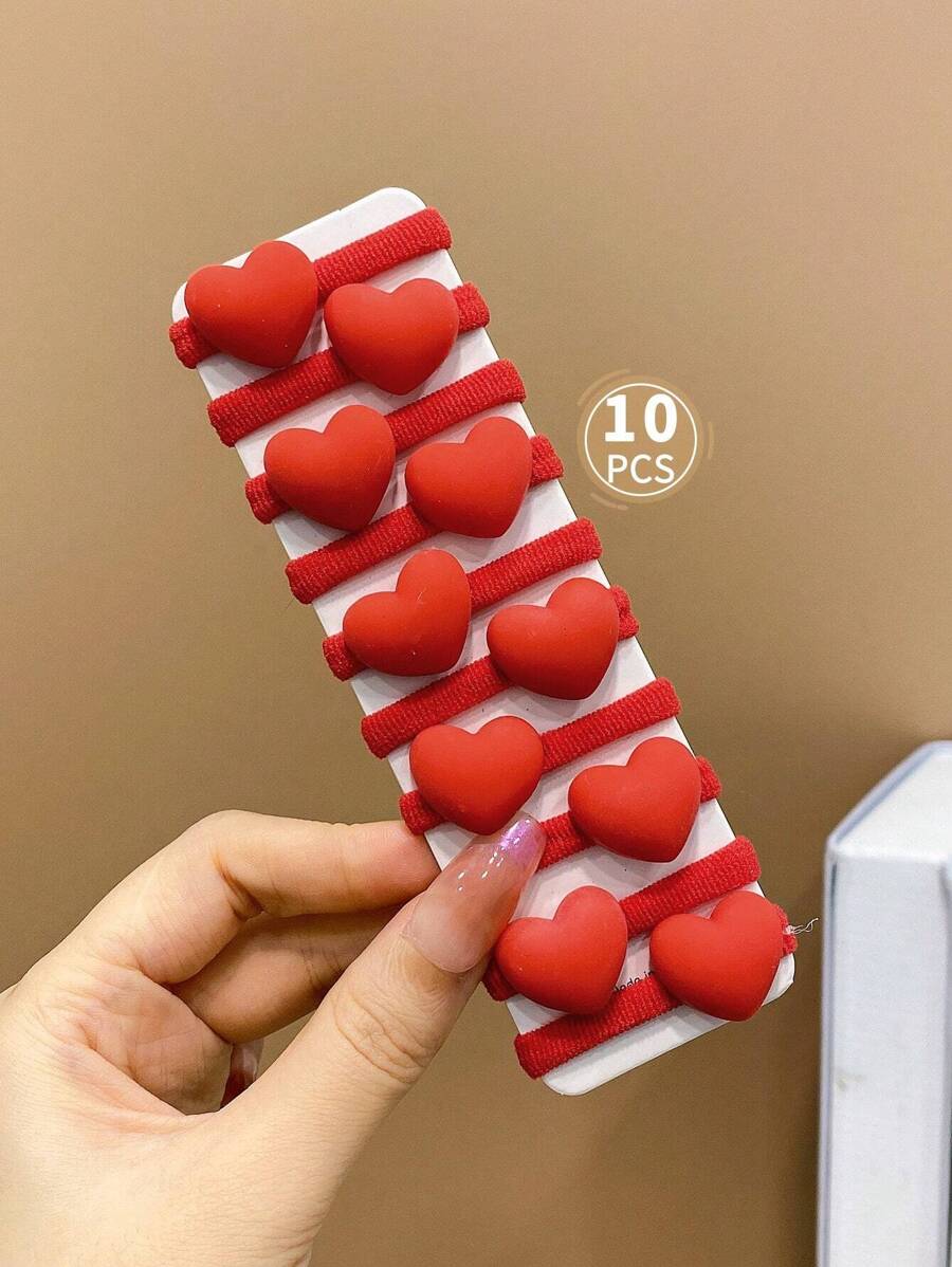 Juego de 10 coleteros con diseño de corazón rojo, accesorios para el cabello de niña que no dañan el cabello