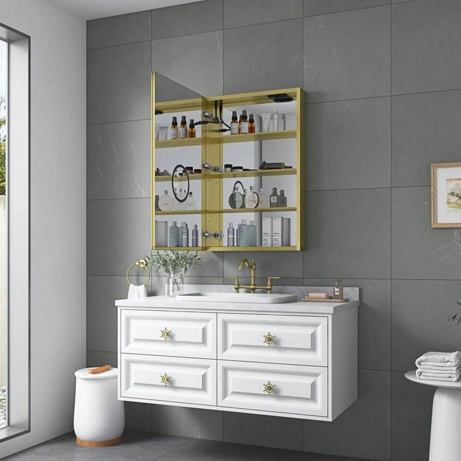 LED Lighted Bathroom Medicine Cabinet With Mirror, Surface Lighted Medicine Cabinet,Dimmable,Adjustable Shelves,Intelligent Switch Medicine Cabinet, Aluminum Frame,Left Opening Door