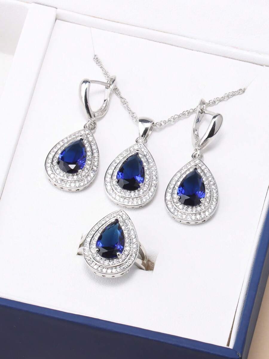 12Colors 925 Silver Color Water Drop Jewelry Sets Cubic Zirconia Women