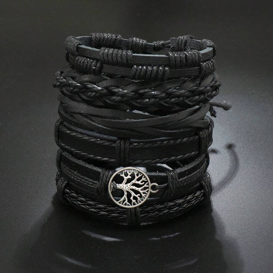 6 peças Vintage Handmade Trançado Paz Árvore Design Pulseira Conjunto, Homens Acessórios Presente