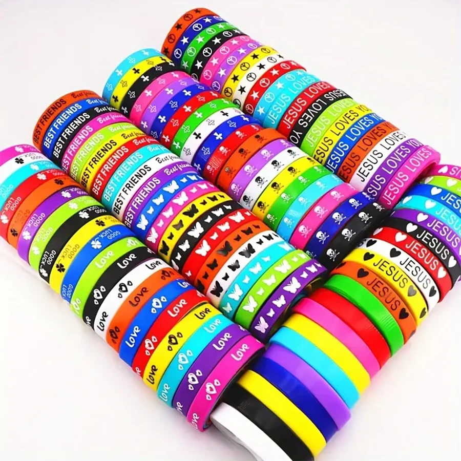 10/20pcs/Pack Sports & Casual Heart/Character/Butterfly/Skull Print Silicon Elastic Bracelet For Men, Women, Daily Wear, Festival Party And Gift Accessory
