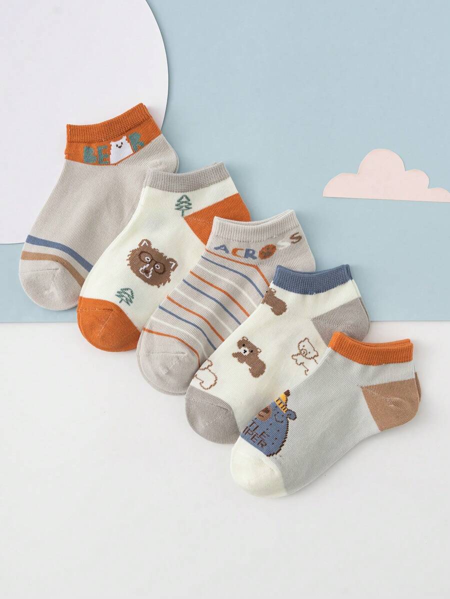 5 Pairs Of Cute Alphabet Bear Striped Tree Fashion And Versatile Daily Socks For Boy And Girl